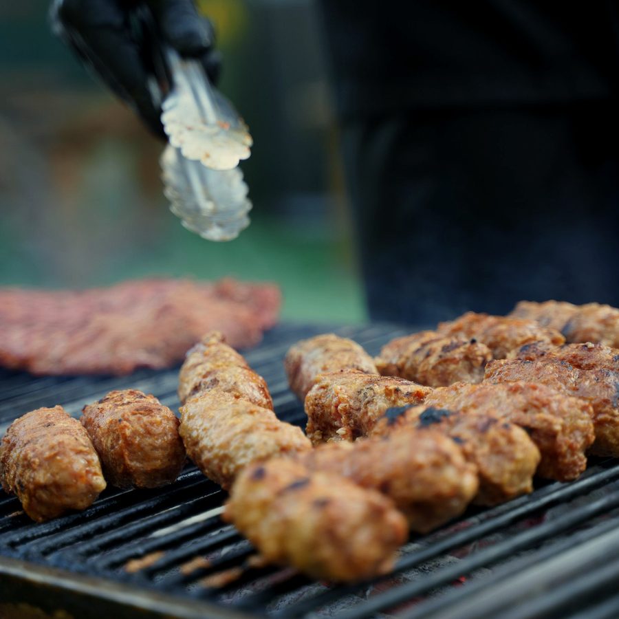 Kebabs and steak on the grill